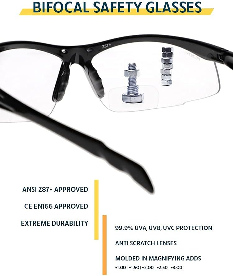 Bifocal Safety Glasses - Safety Glasses With Readers for Healthcare, Woodworkers, Motorcyclists, Workshop - Ansi Z87+ - Polycarbonate Lenses - (Clear, 1.50) - Image 5