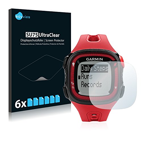 savvies Protector Pantalla Compatible con Garmin Forerunner 15 (Big Edition) Red/Black (6 Unidades) Pelicula Ultra Transparente