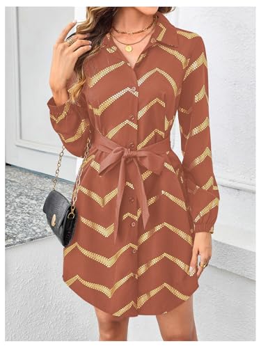 Image of SweatyRocks Women's Metallic Gold Long Sleeve Dresses Collar Shirtdress Casino Night Party Outfit