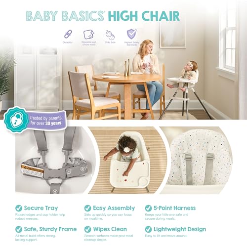 Image of Regalo Baby Basics High Chair for Babies and Toddlers, Baby High Chair with Removable Oversized Tray & Cup Holder, 5-Point Harness, Easy to Clean Toddler High Chair, White