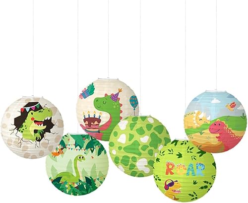 Juego de 6 linternas de papel de dinosaurio de dibujos animados, adecuadas para decoración de habitaciones infantiles y fiestas de cumpleaños