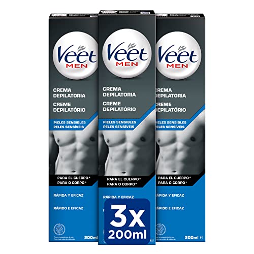 Veet Men Haarentfernungscreme für den Rücken, Arme und Beine, für empfindliche Haut, 3 x 200 ml