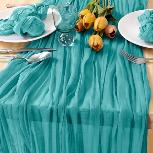 Image of MLMC Teal Table Runner 10ft Rustic Summer Cheesecloth Table Runner Gauze Cheese Cloth Centerpiece Decororations 35x120 Inches for Wedding Baby Shower Outdoor Picninc Decor