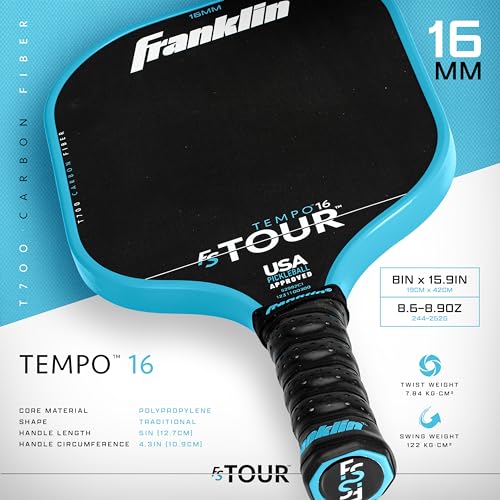 Image of Franklin Sport Pro Pickleball Paddles - FS Tour Series Carbon Fiber Paddles - Official USA Pickleball (USAPA) Approved - Tempo Pro Player - 16mm Polymer Core - Blue