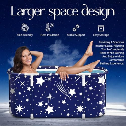 Image of Portable Foldable Adult Bathtub for Home, Large Plastic Soaking Tub with Drain Pipe, Freestanding Spa Bath Tub for Hot & Cold Bath, Balcony & Small Bathroom Use (Star Blue)