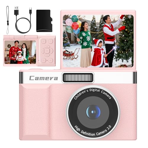デジタルカメラ 5000万画素 自撮り 180°回転レンズ 子供向け トイカメラ 1080P動画撮影 デジカメ ミニカメラ キッズカメラ 小学生 子供用 32GB SDカード付属 内蔵ライト子供/学生/初心者に向け 日本語説明書 (ピンク)