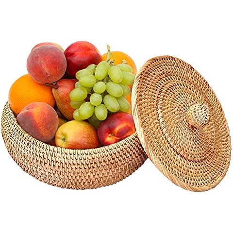 Jroyseter Rattan Boxen mit Deckel Rattan Aufbewahrungskorb Lebensmittelaufbewahrung Runde Korbschalen Organizer Behälter für Obst Gemüse Heimdekoration Cover