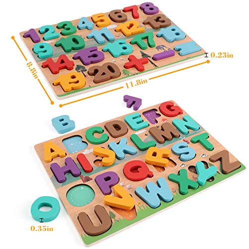 Wooden Alphabet and Number Puzzles (2 Pack), Toddler Puzzles Toys, Educational Learning Toy for Kids Boys and Girls and Preschoolers, Color Recognition, Motor Skills Matching Game - Thumbnail 2