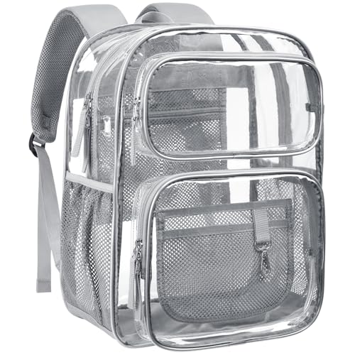 PACKISM Clear Backpack for School - 17 inch Large Heavy Duty Clear Bookbag for Boys and Girls, See Through PVC Transparent Backpacks with 2 Front Pockets for College Work, Grey (for age 12 above)