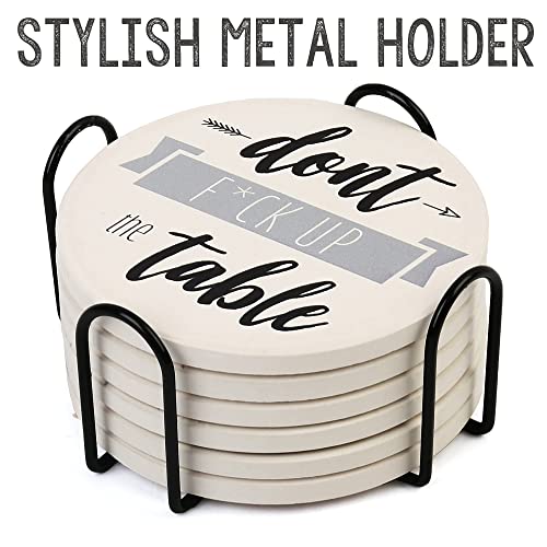 Lotfancy Funny Coasters For Drinks Absorbent With Holder, 6Pcs Ceramic Coasters With Cork Base, Round Coasters With 6 Sayings, Non-Slip, Bar Room Decor Housewarming Gift #TOP5