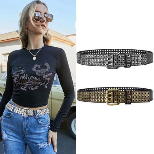 3 Row Studded Holes Grommet Faux Leather Belts for Women Men Punk Jeans Pants Coat3