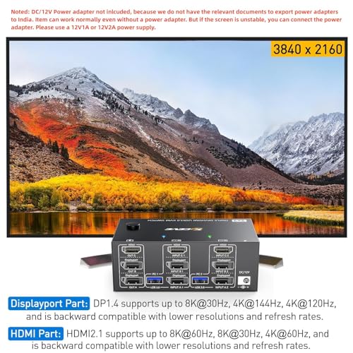 Image of KVM Switch 3 Monitors 2 Computers HDMI + DisplayPort, 8K@30Hz /4k@144Hz KVM Switcher for 2 Computer Share 3 Display and 4 USB 3.0 Devices