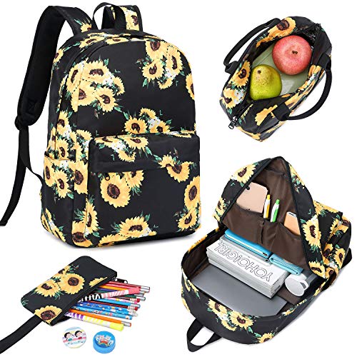 Pawsky School Backpack For Teen Girls Waterproof Laptop Bag Womens Bookbag With Lunch Box And Pencil Case, Sunflower #TOP3