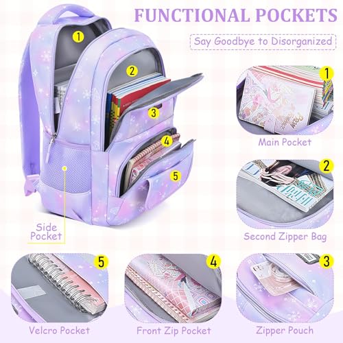 School Backpack for Girls - 5PCS Girls Backpack with Lunch Box Set for Elementary, Middle and High School Students - Lightweight 18" Bookbag for Travel and Daily Use3