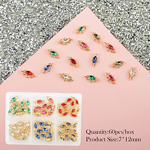 60 Pcs Marquise-Shaped Nail Charms Rhinestones 6 Colors Horse Eye Shaped 3D Metal Alloy Gold Rhinestone Crystals Nail Art Decoration Supplies With Storage Box #TOP5