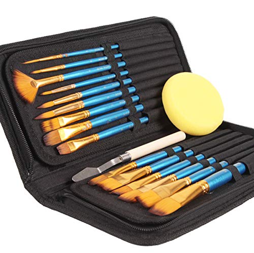 Art Paint Brushes Set for for Watercolor, Acrylic, Oil- 15 Different Sizes for Artists, Adults & Kids, Contains Premium Nylon Hairs-Free Art Knife and Sponge Blue