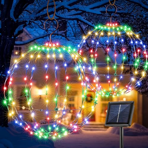 Flacchi Set of 2 Solar Hanging Ball Lights - 2 Sizes of Christmas Outdoor Garden Lanterns Waterproof...