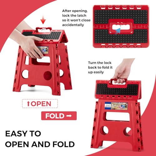 Image of ACKO Folding Step Stool - 13 inch Height Premium Heavy Duty Foldable Stool for Kids and Adults, Kitchen Garden Bathroom Stepping Stool (1 Pack) Dot Red