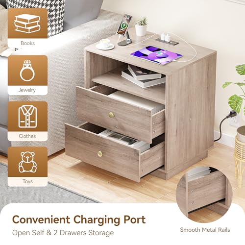 Image of Nightstand with Charging Station Set of 2, Wide Bedside Table with 2 Storage Drawer and Open Wood Shelf, Night Stand for Bedroom, Side Table, End Table, Grey
