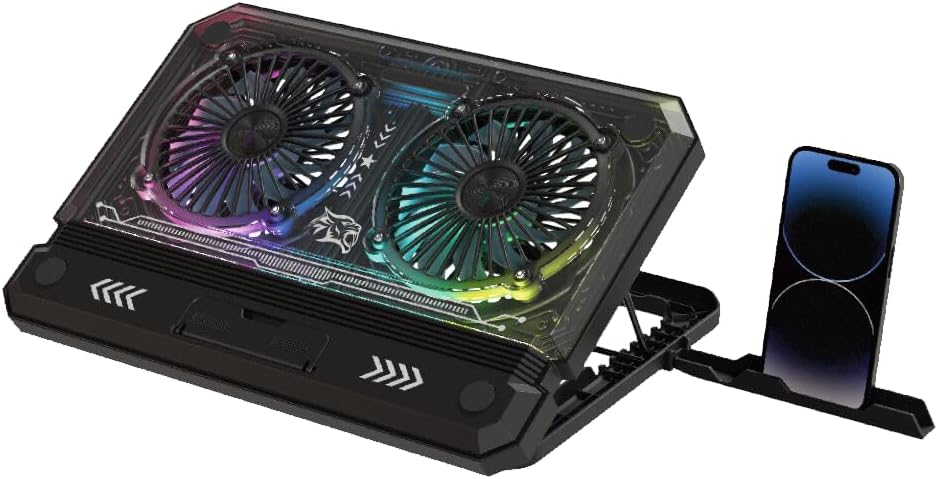 Gaming Crystal Shell Laptop Cooling Pad with Phone Holder, Dual High-Speed Fans, 8-Level Adjustable Height, RGB Lighting, Anti-Slip Base, USB-A & USB-C Ports – Black (for 10-17” Laptops) Gaming Crystal Shell Laptop Cooling Pad with Phone Holder, Dual High-Speed Fans, 8-Level Adjustable Height, RGB Lighting, Anti-Slip Base, USB-A & USB-C Ports – Black (for 10-17” Laptops)