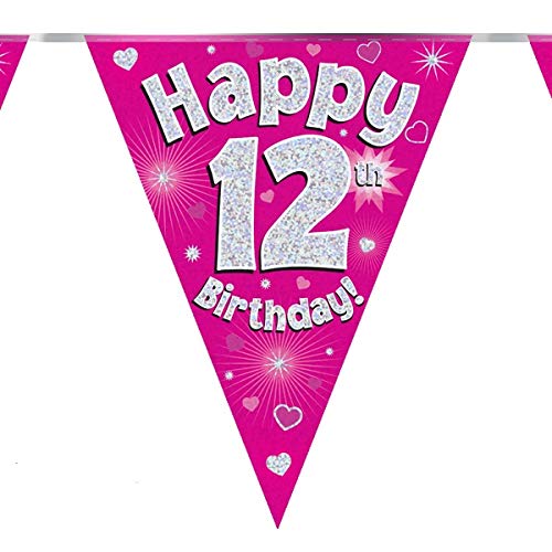 Bandierine Decorative Per 12° Compleanno - Olografiche Rosa - Lunghezza 3,9 M (11 Bandiere) - Per Interni/esterni - 2