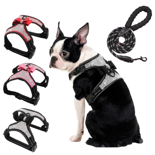 Bling Dog Harness with Lead - Reflective Cute Bling Nylon Harness with Sparkly Bowtie for Small Medium Large Dogs Walking,Party & Wedding Pink S