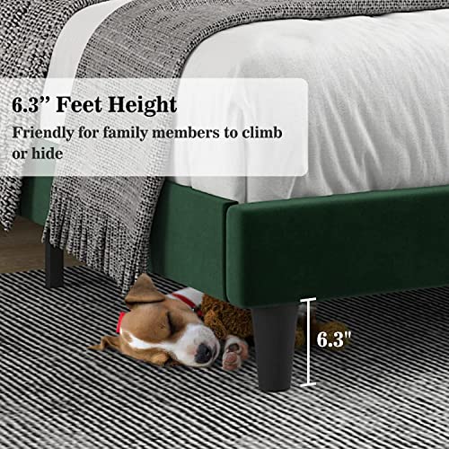Image of Allewie Queen Bed Frame /Velvet Upholstered Bed Frame with Vertical Channel Tufted Headboard /Strong Wooden Slats /Platform Bed Frame /Mattress Foundation /Box Spring Optional /Easy Assembly /Green