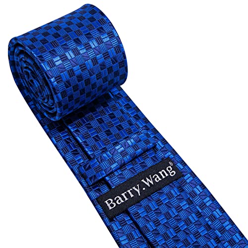 Image of Barry.Wang Plaid Ties Check Mens Necktie Set with Handkerchief Cufflinks Classic Stripe