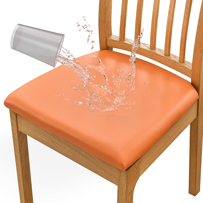 撥水加工 椅子カバー 座面 PUレザーチェアカバー 1枚 椅子座面カバー ダイニングチェアカバー ダイニング椅子カバー デスクチェアカバー 正方形 合皮 張り替え用 汚れ防止 模様替え 無地 洗える (オレンジ)