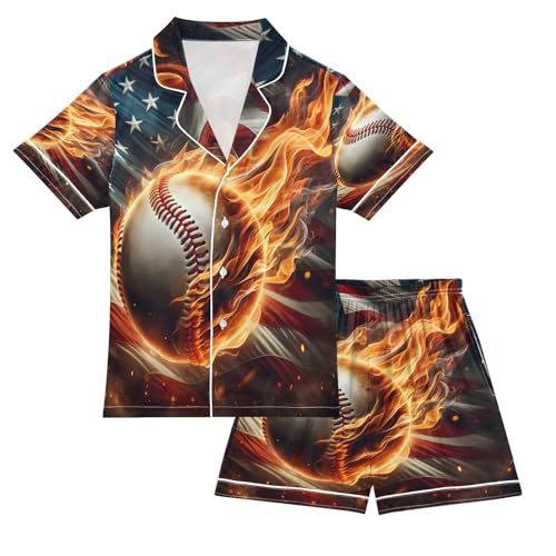 ALAZA American Flag Fire Baseball Satin Pajamas Set Short Sleeve Button Down Sleepwear Summer Pjs 2 Piece
