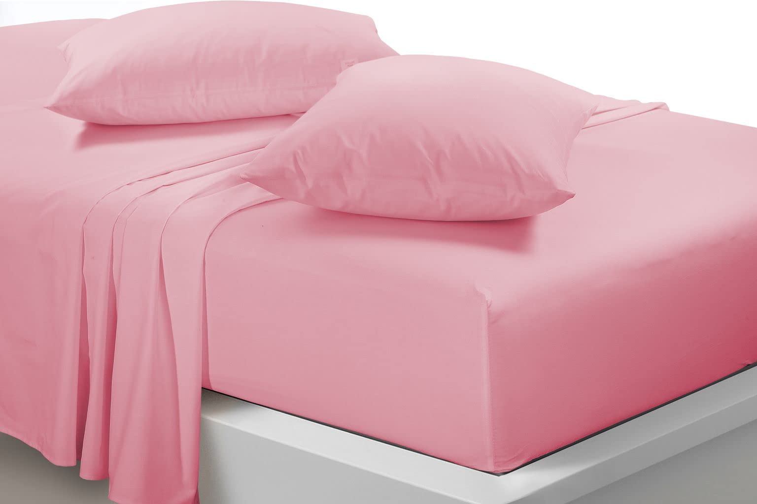 New Easy Care Polycotton Full Sheet Set Plain Dyed Soft Fade Wrinkle Shrinkage Resistant Fitted Sheet and Flat Sheet Set With Pillowcases (Pink, Single)