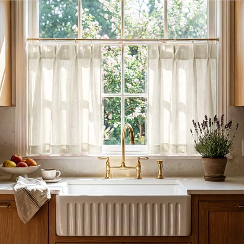RYB HOME Pinch Pleated Cafe Curtains 24 inch Length Light Filtering Semi Sheer Privacy Linen Textured Farmhouse Curtain Tier for Camper RV Bunk Window 26 W x 24 L Ivory 2 Panels