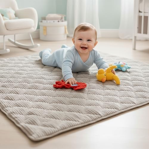 Sanosoft® Soft-Cord Krabbeldecke - rutsch- & wasserfest - Öko Tex & Made in Germany (Natur/Creme, 130x150cm)