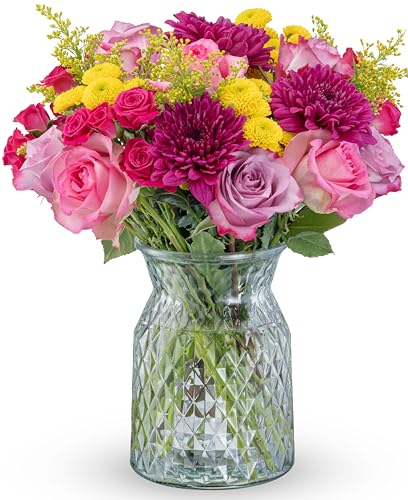 Benchmark Bouquets Mothers Day Mixed Bouquet Real Fresh Flowers for Delivery Mothers Day Flowers for Mom Premium Rose Floral Arrangement with Keepsake Glass Vase - Gifts for Mom