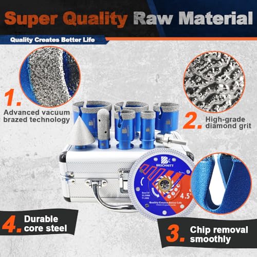 Image of Diamond Core Drill Bit Set - BRSCHNITT Tile Hole Saw Kit 1 inch 1-3 /8 inch1-3 /4 inch2-1 /2 inch3 inch & 4 /5 inch Finger Bit & 2 inch Chamfer Bit for Porcelain Tile Ceramic Marble Granite Diamond Blade