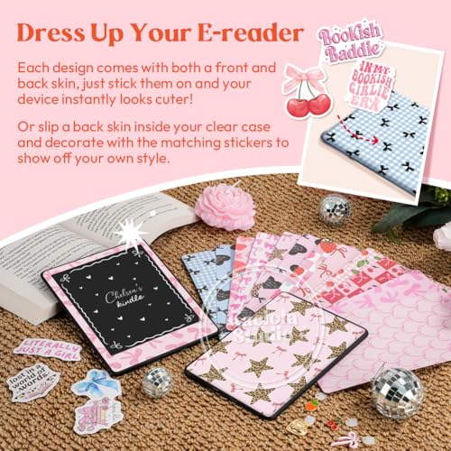 Image of KACIOLA STUDIO 24PCS Pink Bow Skin for E-Reader, and 4PCS Type C Charms for E-Reader with Scrapbook Stickers, 6.9 inchx4.8 inch Skin Front and Back Decal Inserts for Paper White 11th (Pink Bow)