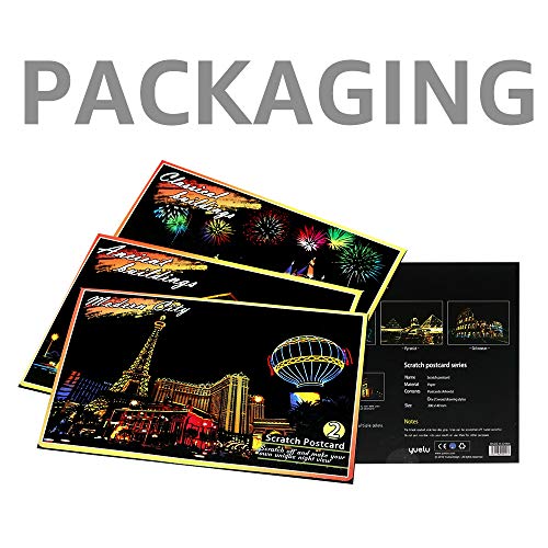 M MUGIT Magic Scratch Art Paper, Mini Envelope Postcard, Rainbow Night View Scratchboard for Adults and Kids, Art & Crafts Set: 12 Sheets Scratch Cards & Drawing Pen, Clean Brush (Landmark Building)