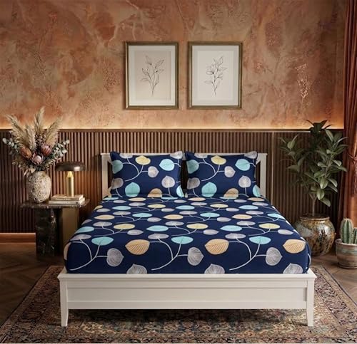 Image of BSB HOME 210 TC Cotton Double Bedsheet with 2 Pillow Covers, Soft Breathable Fabric, Elastic Fitted Sheet, Wrinkle Resistant, Deep Pocket Fit - 78 x 72 + 10 Inches (Midnight Navy)