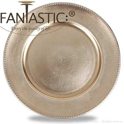 FANTASTIC :) Round 13 Inch Plastic Charger Plates with Metallic Finish (6, Beaded Gold)