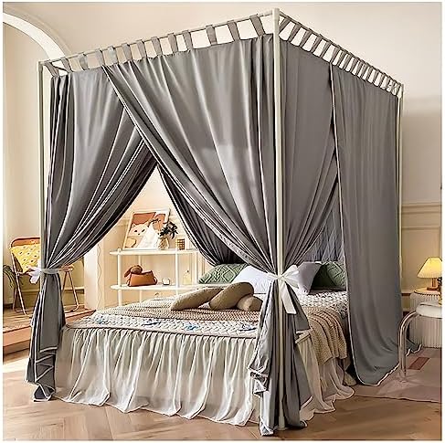 Elegant Bed Frame Curtain Canopy Cozy Drape Bed Netting Canopy Frame with Curtain 4 Corners Post Canopy Bed Curtain for Adults,Grey,King
