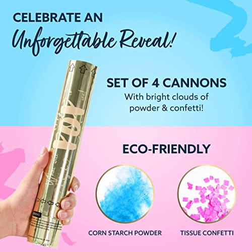 Revealations Gender Reveal Confetti Powder Cannon - Set Of 4 Mixed (2 Blue 2 Pink) Gender Reveal Party Supplies - 100% Biodegradable Tissue Safe Powder Smoke #TOP1