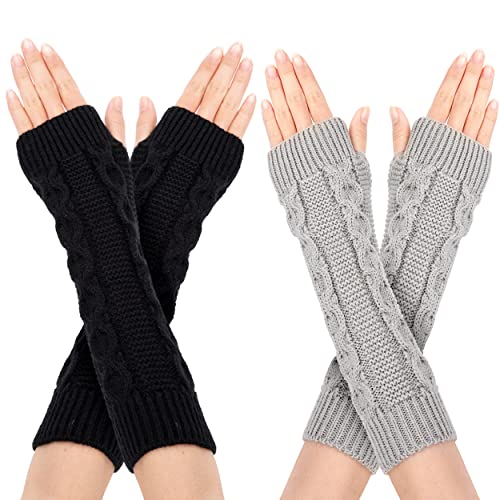 Calentadores de Brazo Guantes Largos de Invierno Sin Dedos Calentador de Punto de Brazo y Muñecas con Agujero de Pulgar para Mujeres 2 Pares (Negro y Gris) Cover