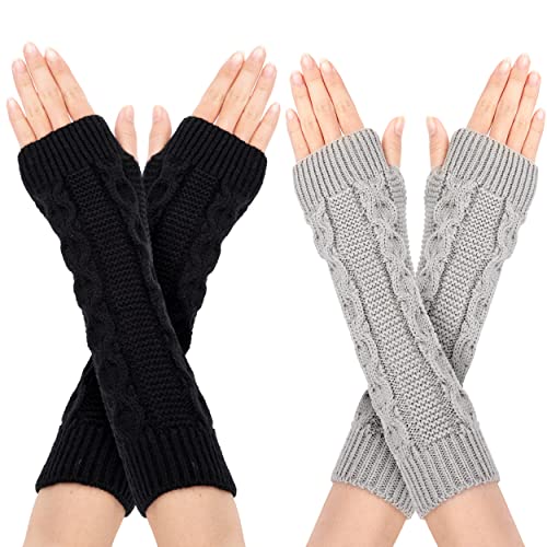 Calentadores de Brazo Guantes Largos de Invierno Sin Dedos Calentador de Punto de Brazo y Muñecas con Agujero de Pulgar para Mujeres 2 Pares (Negro y Gris)