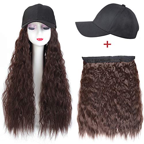 Synthetic Wavy Hair Wig with Baseball Hat,Adjustable Black Baseball Cap Fits Women Easy to Use Hair Extension (Brown Color)