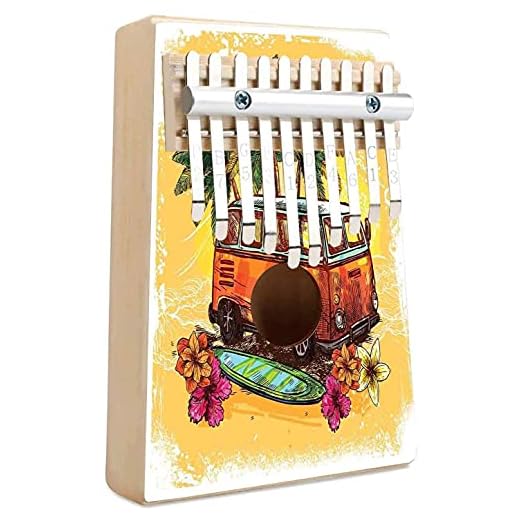 Surf Kalimba 10 nycklar tumpianobricka etikett med skiss blommor som vingar vågryttare som gratis flygande fågel konstnärlig bild arbete bärbar Mbira Sanza afrikansk trä finger piano gåva för barn vuxna nybörjare-