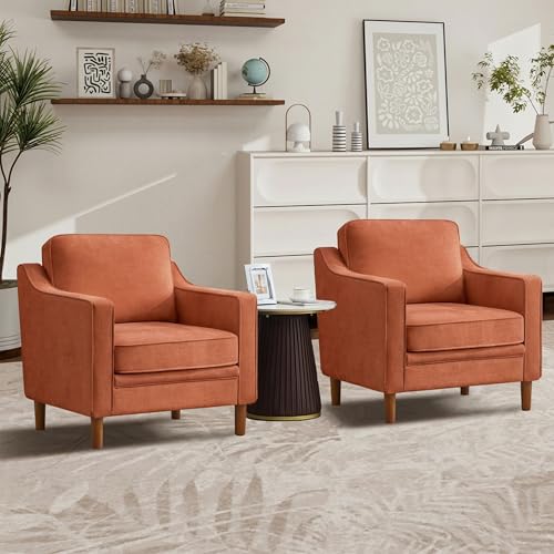 Image of Kingfun Accent Chair Set of 2, Living Room Chairs, Mid Century Reading Armchair, Chenille with Solid Wood Foot, Upholstered Modern Decor for Bedroom, Apartment