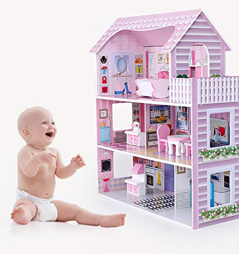 Puppenhaus aus Holz für Mädchen und Jungen ab 3 Jahren, große Puppenstube, Kinder Spielzeug aus Holz FSC 100%, mit 3… – Bild 6