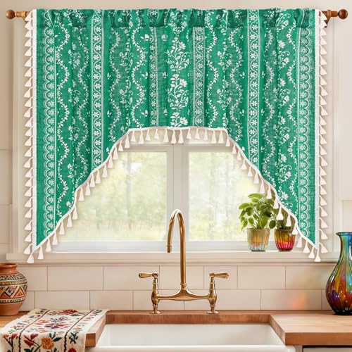 Image of Yinhua Boho Swag Valance Curtains Vintage Linen Valances for Windows Light Filtering Floral Kitchen Valance Rod Pocket Farmhouse Rustic Tassel Window Valances for Bathroom Cafe, 60 inch W x 36 inch L, Teal