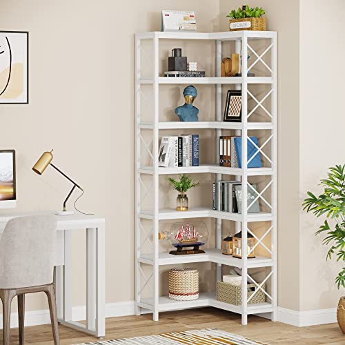 Image of Tribesigns 7-Shelf Corner Bookshelf,Large Modern Corner Bookcase, 7-Tier Tall Corner Shelf Storage Display Rack with Metal Frame for Living Room Home Office (White)