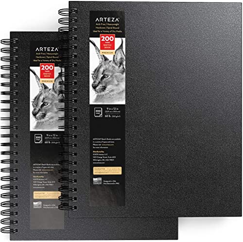 Arteza Sketch Book, 9X12-Inch, 2-Pack, Black Drawing Pads, 200 Sheets Total, 68 Lb 100 Gsm, Hardcover Sketchbook, Spiral-Bound, Use With Pencils, Charcoal, Pens, Crayons & Other Dry Media #TOP6